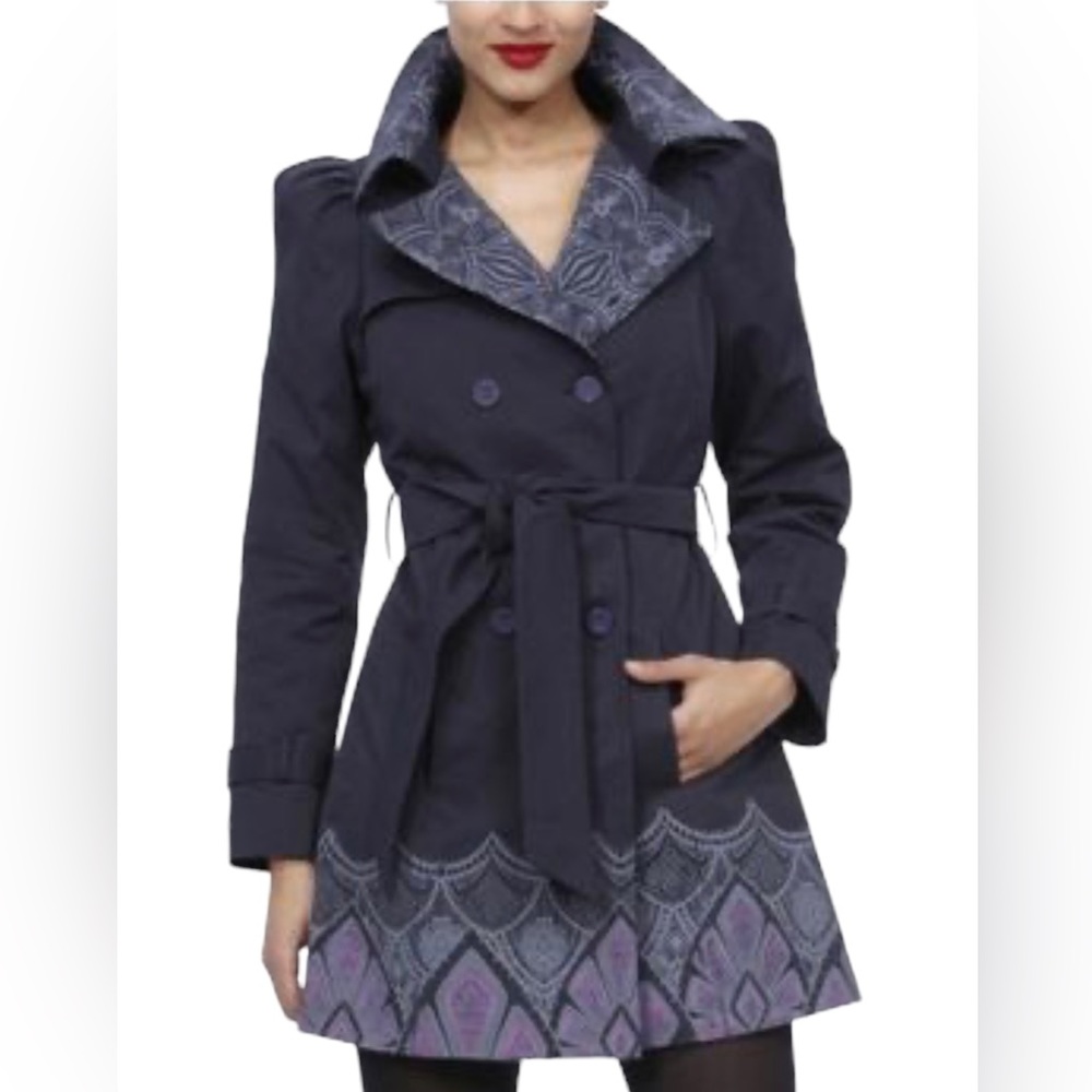 Desigual Women’s Trench Coat Button Double Breasted Printed Parka size 40 US 8 M